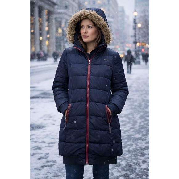 Levi Women's Puffer Coat S Navy Long Jacket Hooded Faux Fur urban utility scandi - Picture 1 of 12